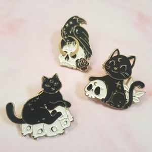 Cat Raven Skull Enamel Pins